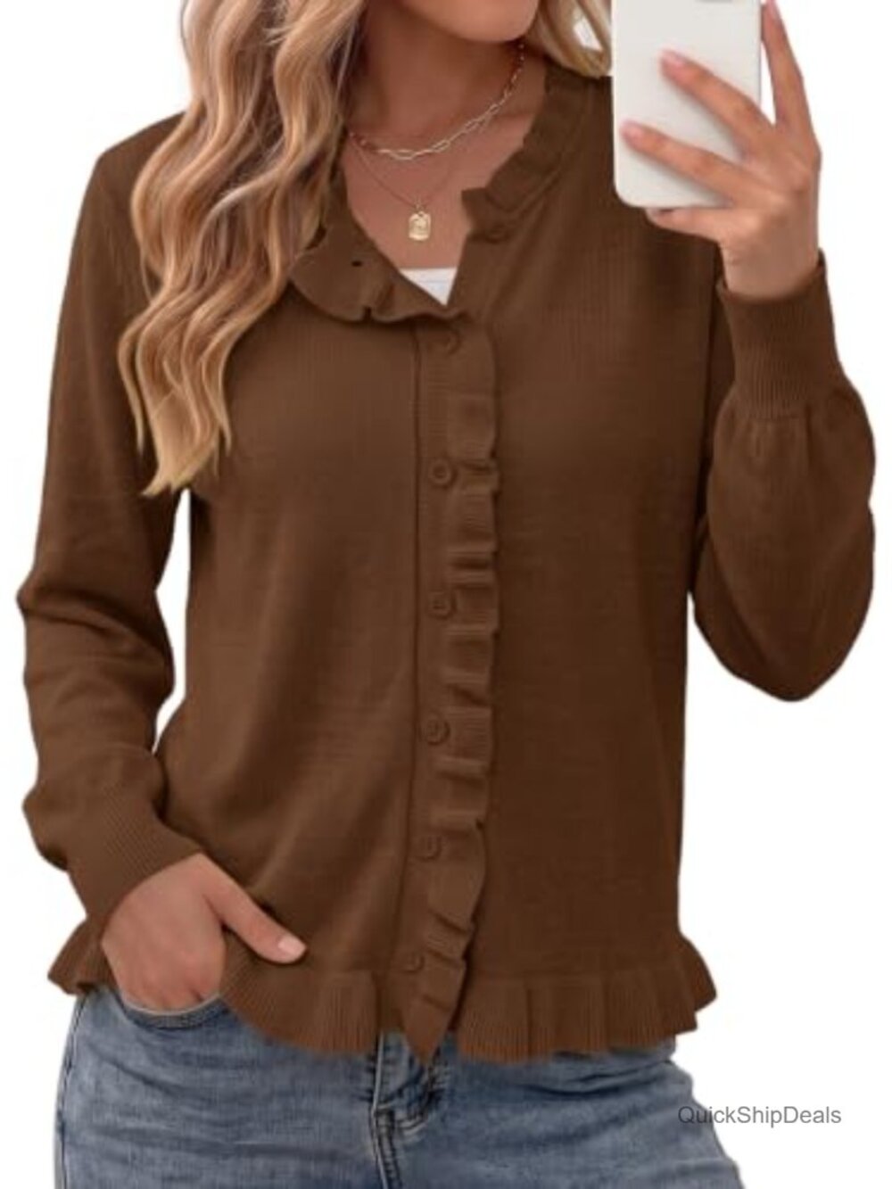 Elegant Ruffle Trim Button-Front Knit Cardigan Sweater